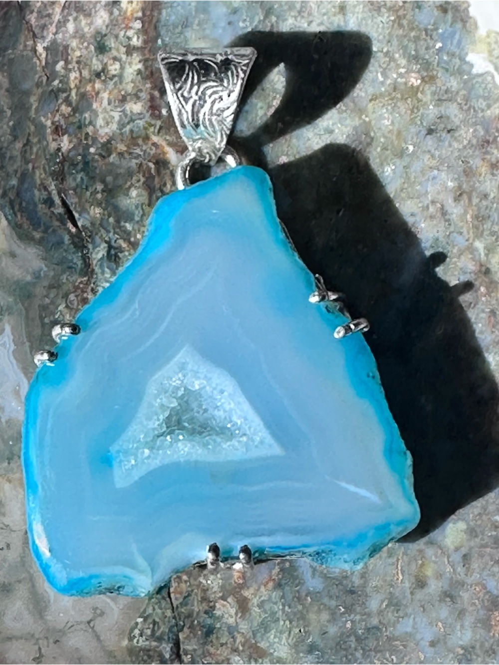Artisan Blue Lace Agate Slice Pendant Necklace Rubyrudi